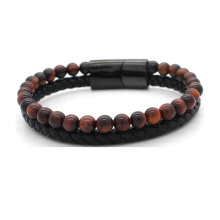 6MM Tiger Eye Men Natural Stone Leather Beaded Bracelet With Stainless Steel Magnetic Clasp